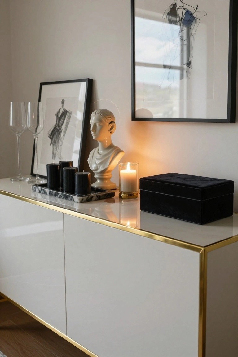 White marble console with gold trim, black candles, bust, and framed sketches.