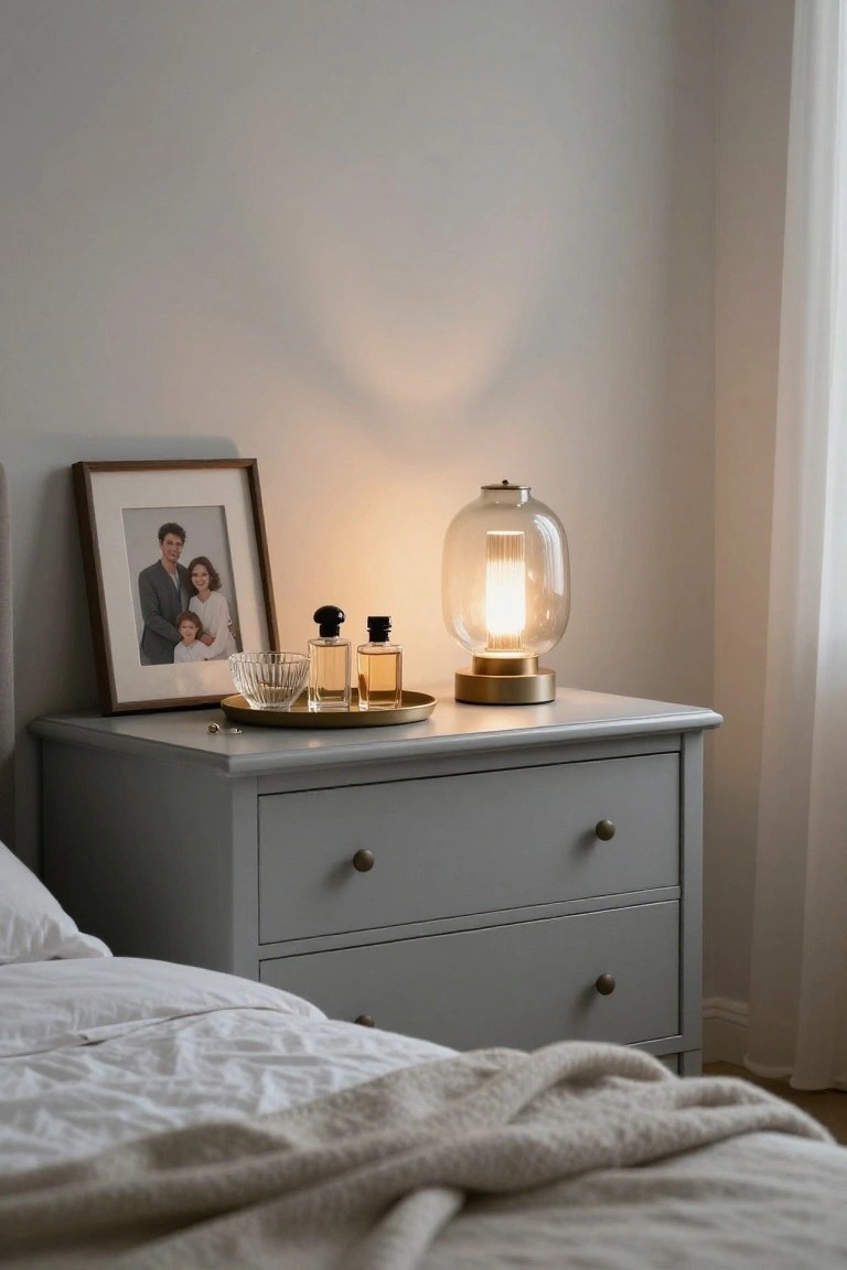 A gray nightstand with two drawers holds a lit glass lamp, a framed family photo, and a round tray containing two perfume bottles and a small ribbed bowl.