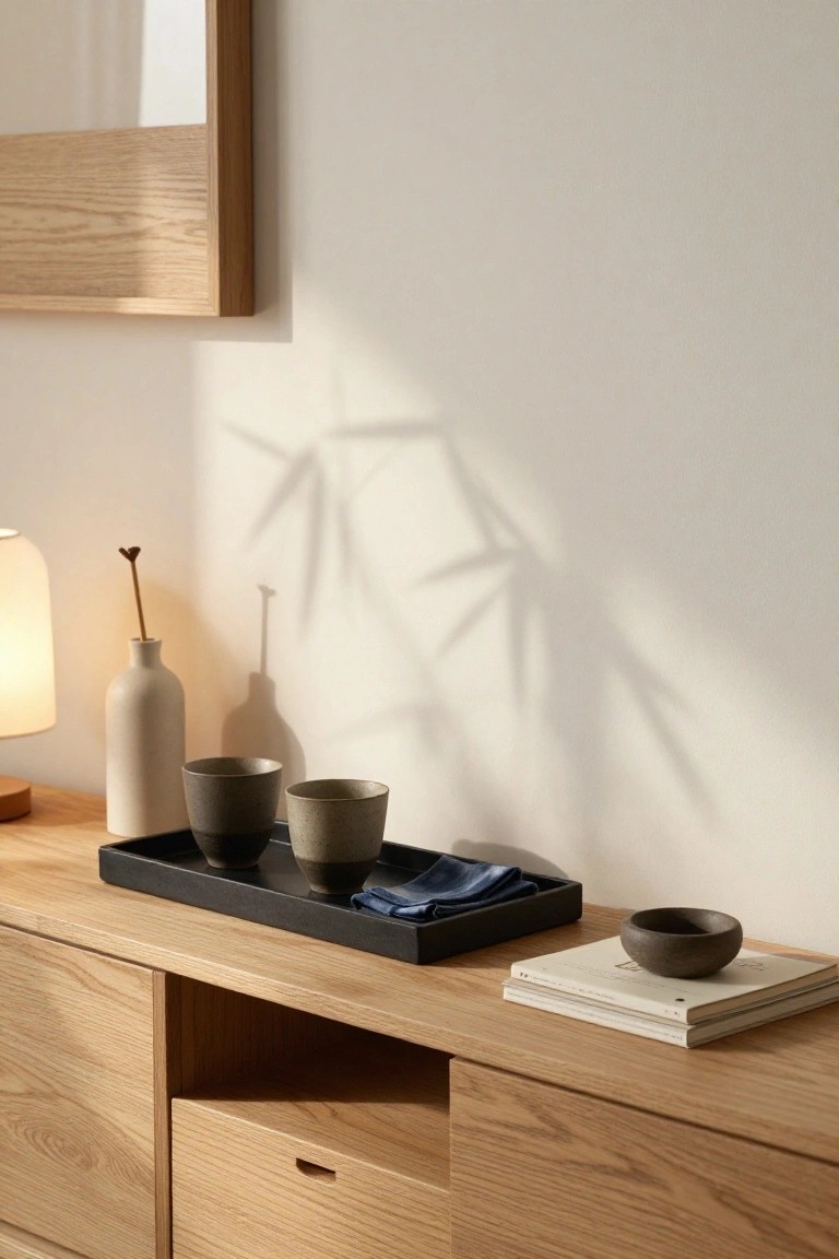 A light wood sideboard displays a black tray holding two ceramic cups and a folded blue cloth, a small dark bowl on stacked books, and a lit lamp with two matte vases nearby.