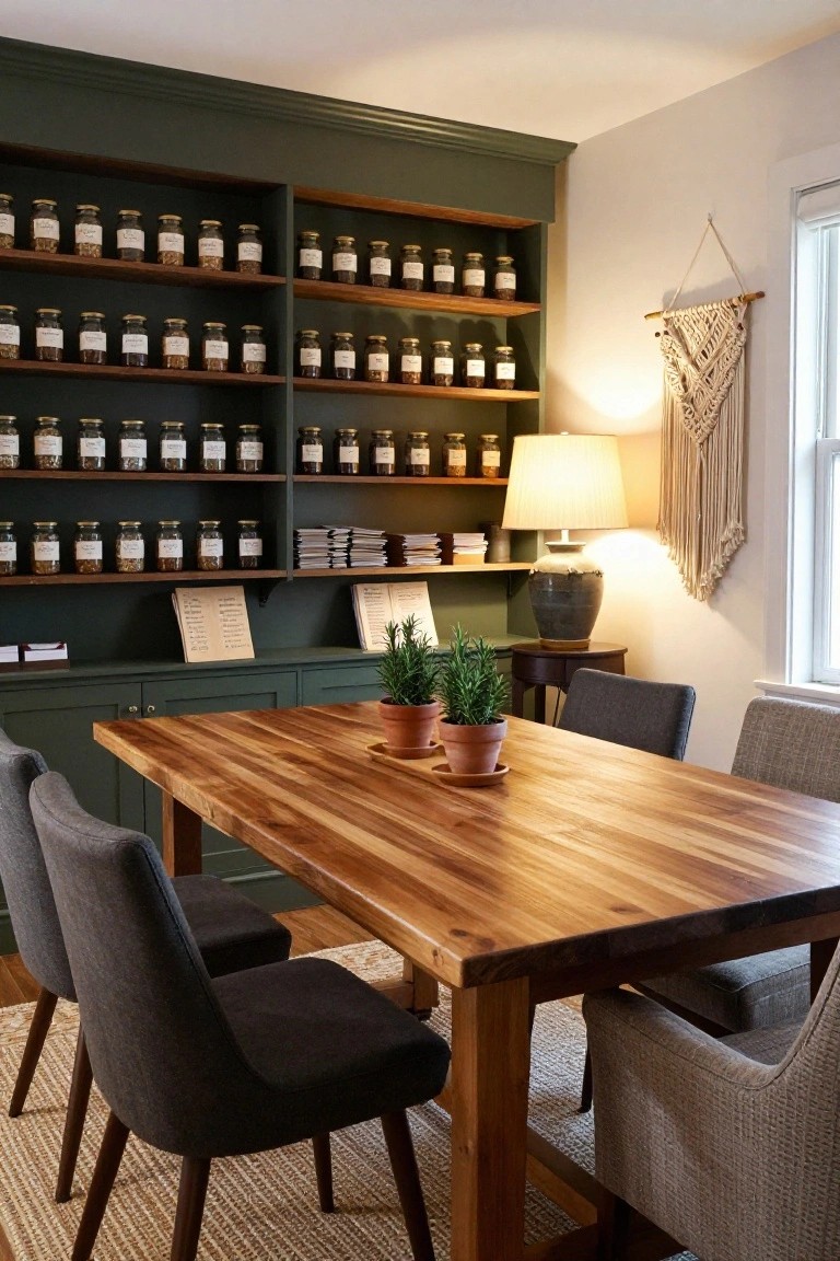 Home office featuring dark green built-in shelving stocked with numerous labeled glass jars of herbs and spices, a large wooden table with gray upholstered chairs, potted rosemary plants, a table lamp, and a macrame wall hanging near a window.