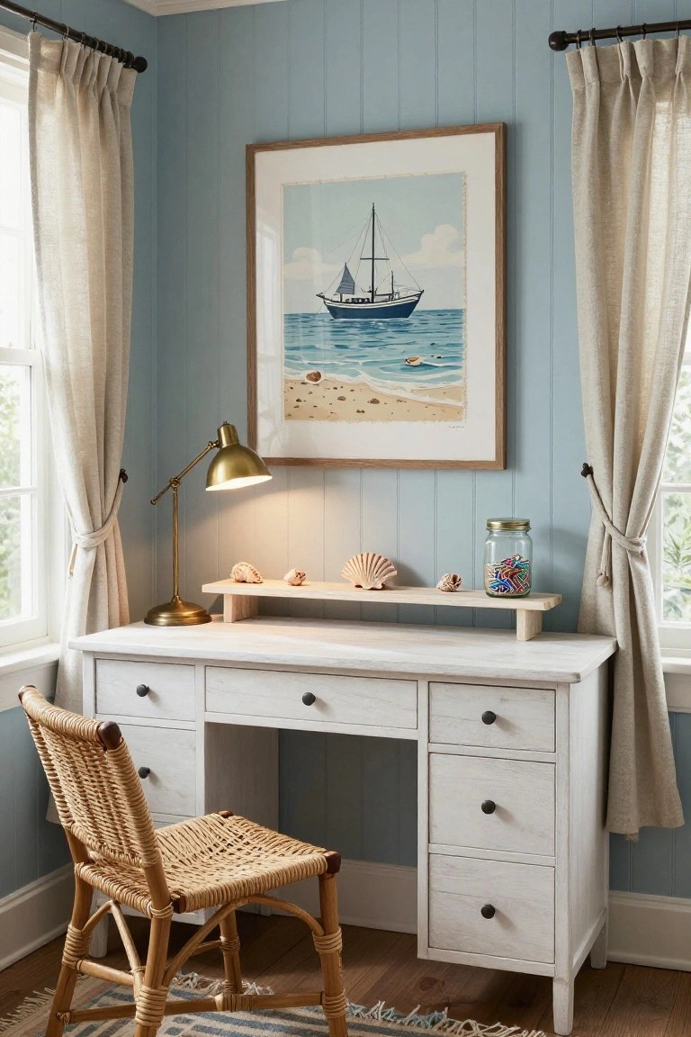Corner home office with light blue shiplap walls, white wooden desk with drawers, rattan chair, brass desk lamp, nautical boat painting, wooden shelf holding seashells and colorful pencils in a jar, linen curtains on two windows.