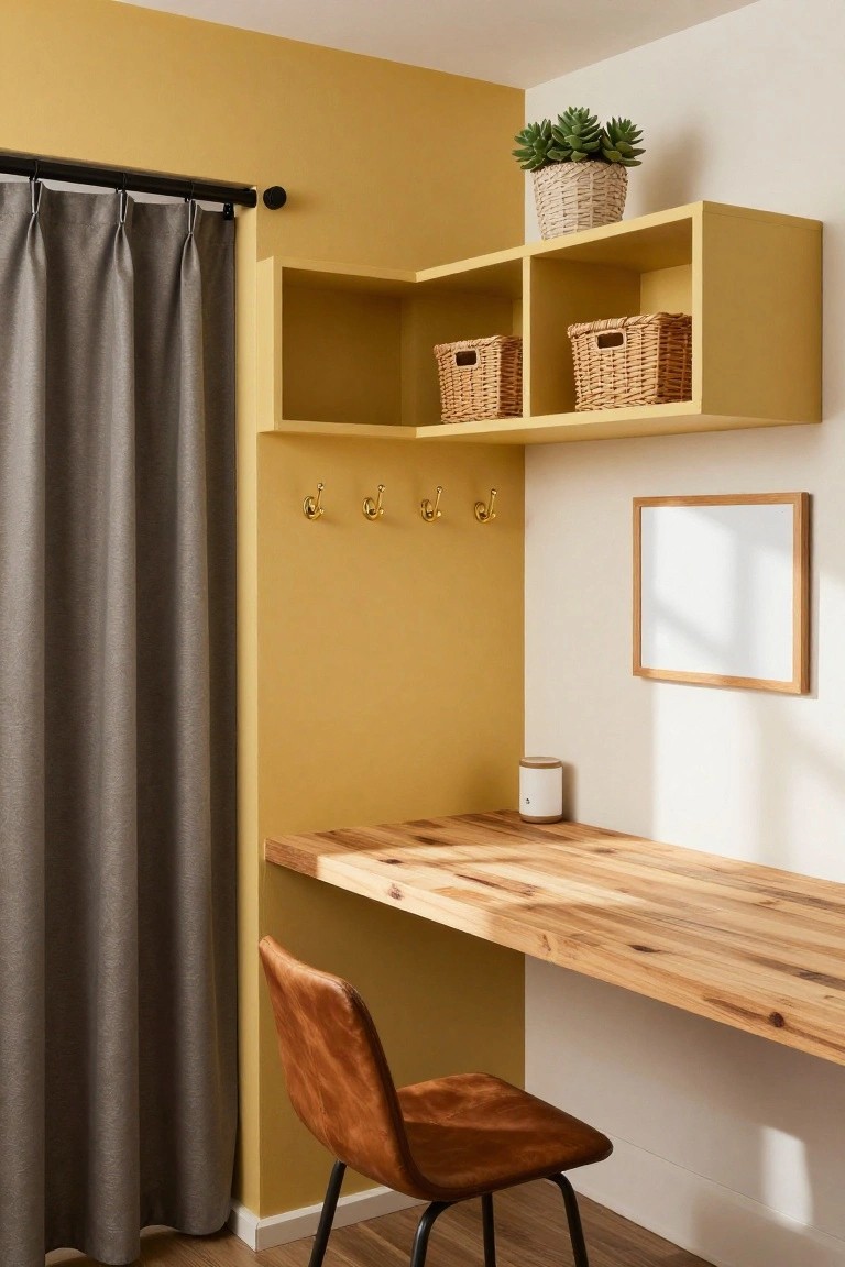Corner home office setup with yellow floating shelves holding wicker baskets and a potted plant, gold wall hooks below, protruding wooden desk, brown leather chair, gray curtains, and a framed white board on white wall.