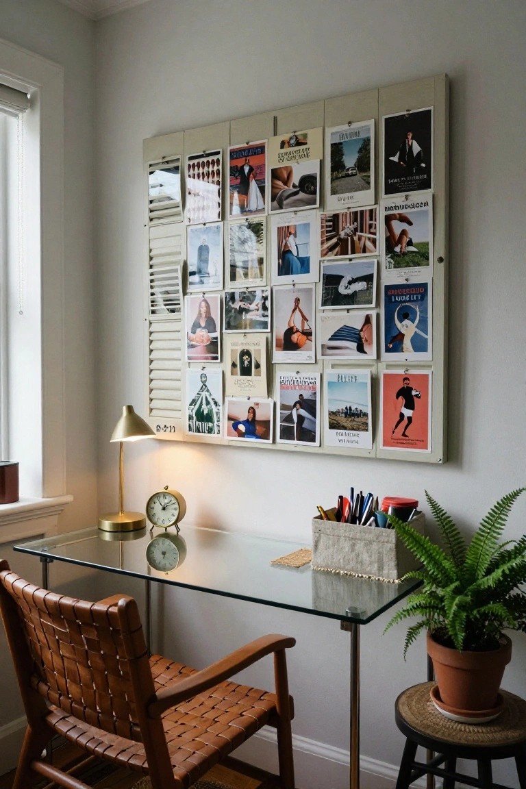 Home office corner featuring a tall corkboard wall pinned with assorted photos, posters, and prints above a glass desk with leather chair, gold lamp, clock, pencil holder, and potted fern.