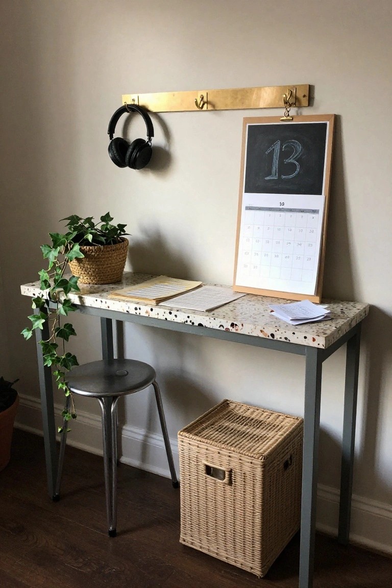 Small gray metal desk with white terrazzo-style speckled top against a wall, trailing ivy plant in woven basket on the desk, metal stool, wicker storage basket, gold wall rail with black headphones, and wooden-framed chalkboard calendar marked with the number 13.