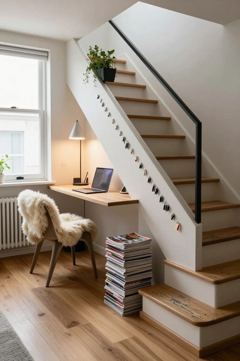 Floating wooden desk under oak staircase with sheepskin chair, radiator, potted plants, open laptop, stacked magazines, and rows of keys hanging on the railing in a white-walled room with hardwood floors.