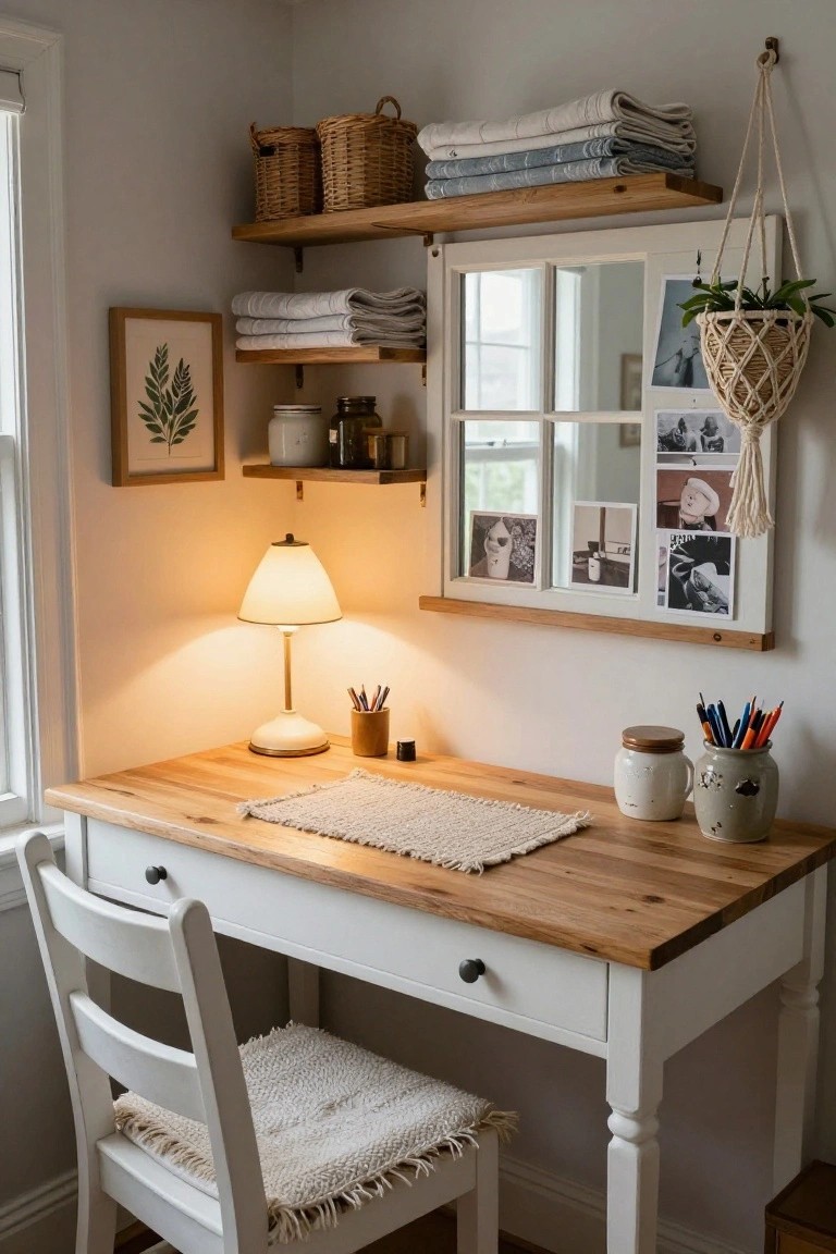 Small white desk with light wood top and drawer in a corner room, open wood shelves above holding baskets linens jars and plants, window mirror frame with photos, desk lamp pens and chair with woven seat.