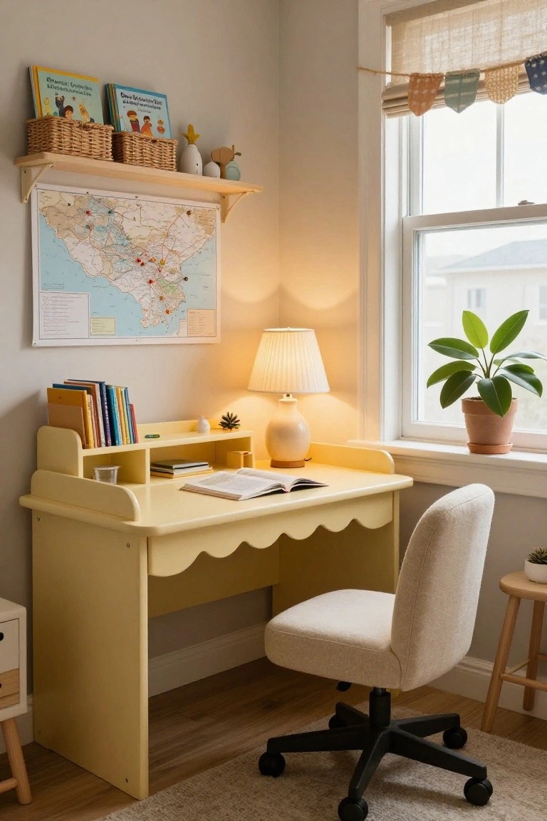 Yellow wooden desk with scalloped front edge and built-in side shelves holding colorful books in a bright corner room with a lamp, potted plants, woven baskets on a shelf above, and a map on the wall.