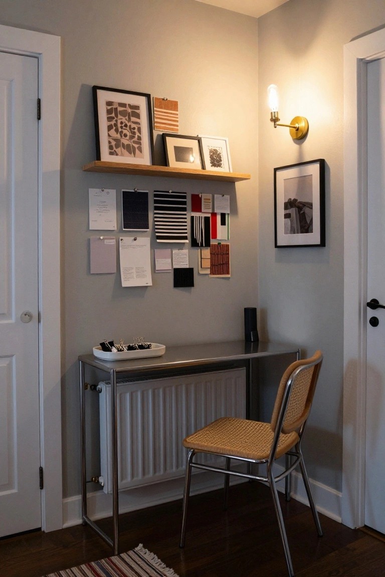 Corner home office with gray walls, wooden shelf holding framed art and photos, wall pinned with fabric swatches papers and samples, slim metal desk over radiator, rattan chair, and Echo device.