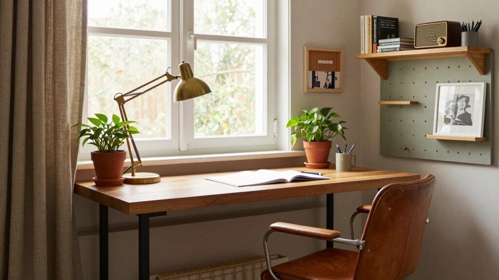 Home office corner featuring a light wooden desk with stacked books, open notebook, black mug, potted plant, and gold adjustable lamp, tan leather swivel chair, multiple potted plants, pegboard shelf with vintage radio and photos, sage green walls, and linen curtains on a large window.