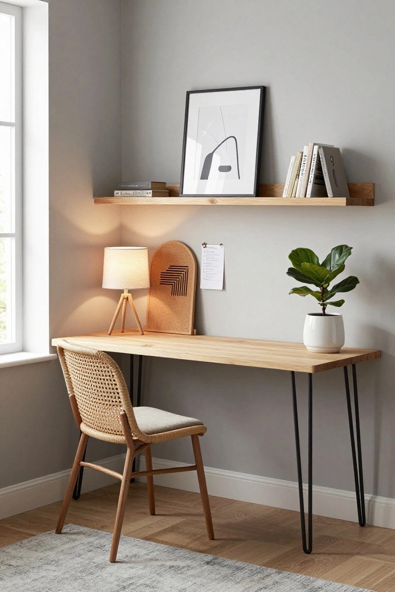 Corner home office with light wood desk on black hairpin legs, rattan chair, tripod lamp, corkboard, shelves with books, fiddle leaf fig plant, and abstract wall art next to a window in a gray room.