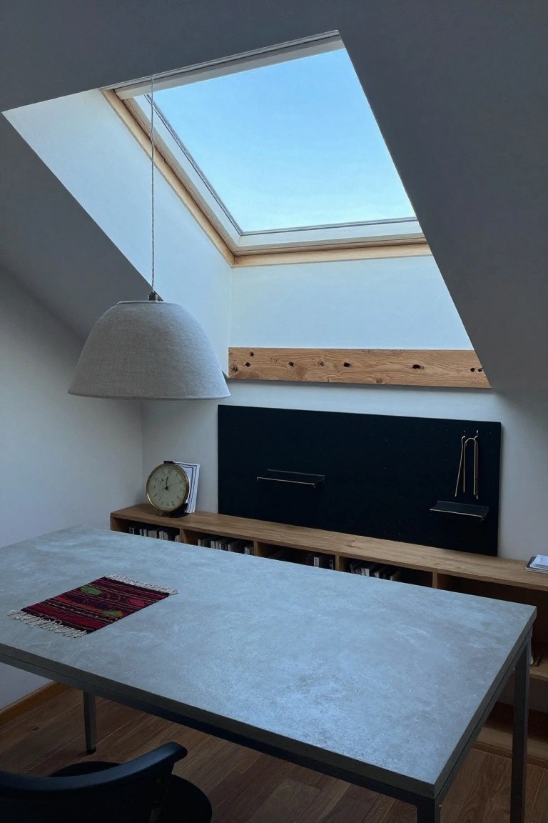 Attic home office with skylight in sloped white ceiling framed by wooden beam, gray concrete desk topped with woven rug, wooden bookshelves, black pegboard wall with hooks and shelves, analog clock, and hanging fabric pendant lamp.