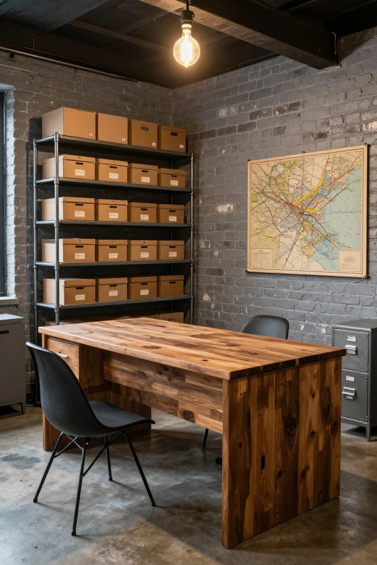 Industrial home office with exposed brick walls, tall metal shelving units filled with cardboard boxes, large wooden desk, two office chairs, vintage map on wall, and metal filing cabinets on concrete floor.