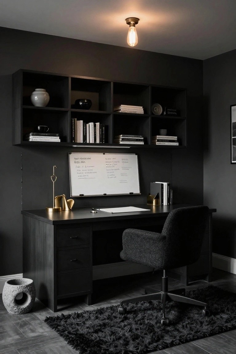 Dark-walled home office featuring open black shelving above a black desk with books, vases, and decor, a whiteboard nearby, gold accessories, black office chair, and shag rug on the floor.