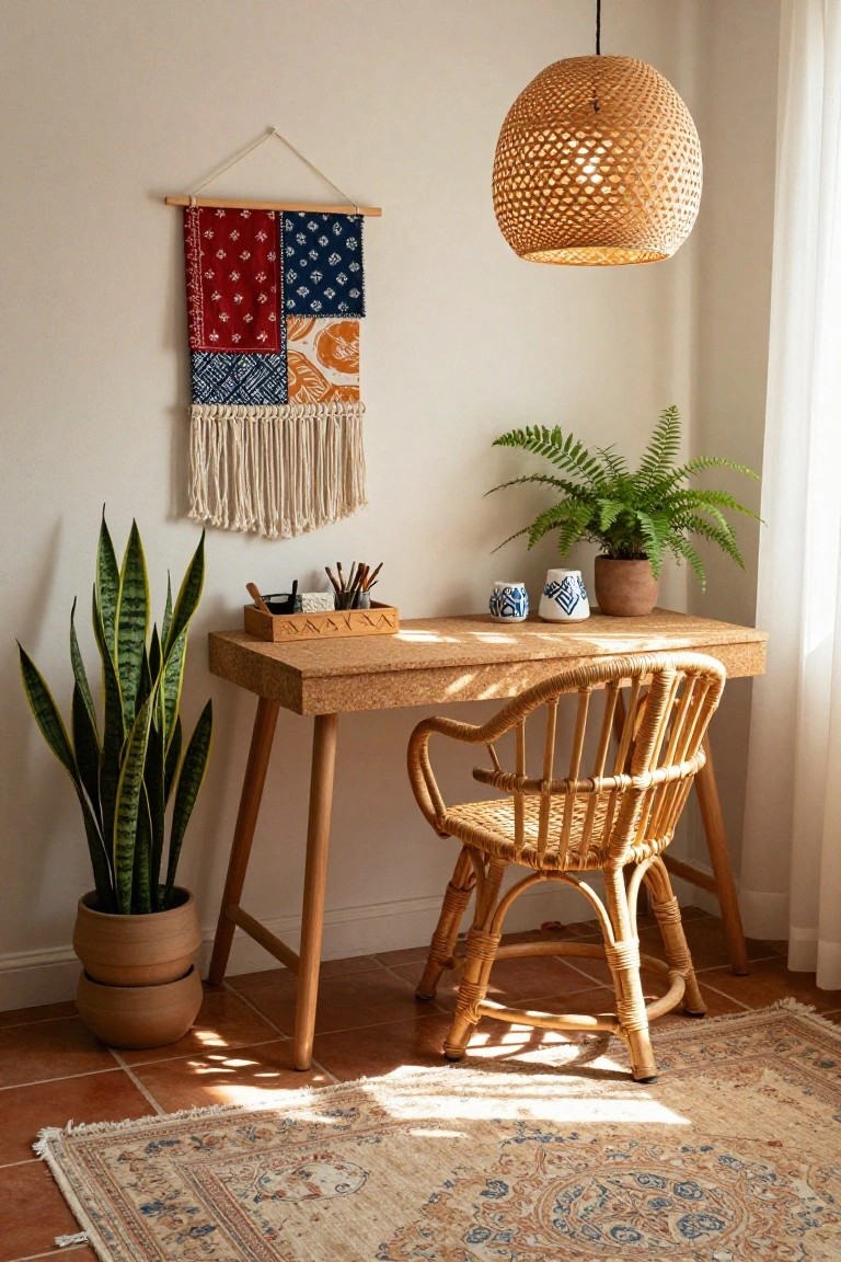 Home office setup with cork-topped wooden desk, rattan chair, tall snake plant in terracotta pot beside desk, small fern plant and blue ceramic mugs on desk, wooden tray holding paintbrushes, colorful patchwork fabric wall hanging with fringe above desk, woven bamboo pendant light overhead, patterned rug on terracotta tile floor.