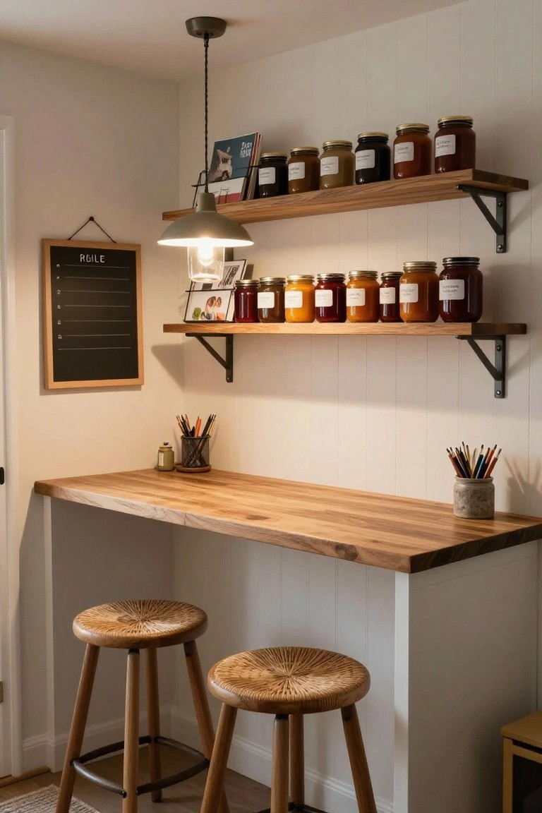 Home office nook featuring two wooden open shelves above a wooden desk, filled with colorful labeled jars, flanked by a chalkboard and flanked by two woven wood stools in a white paneled room.