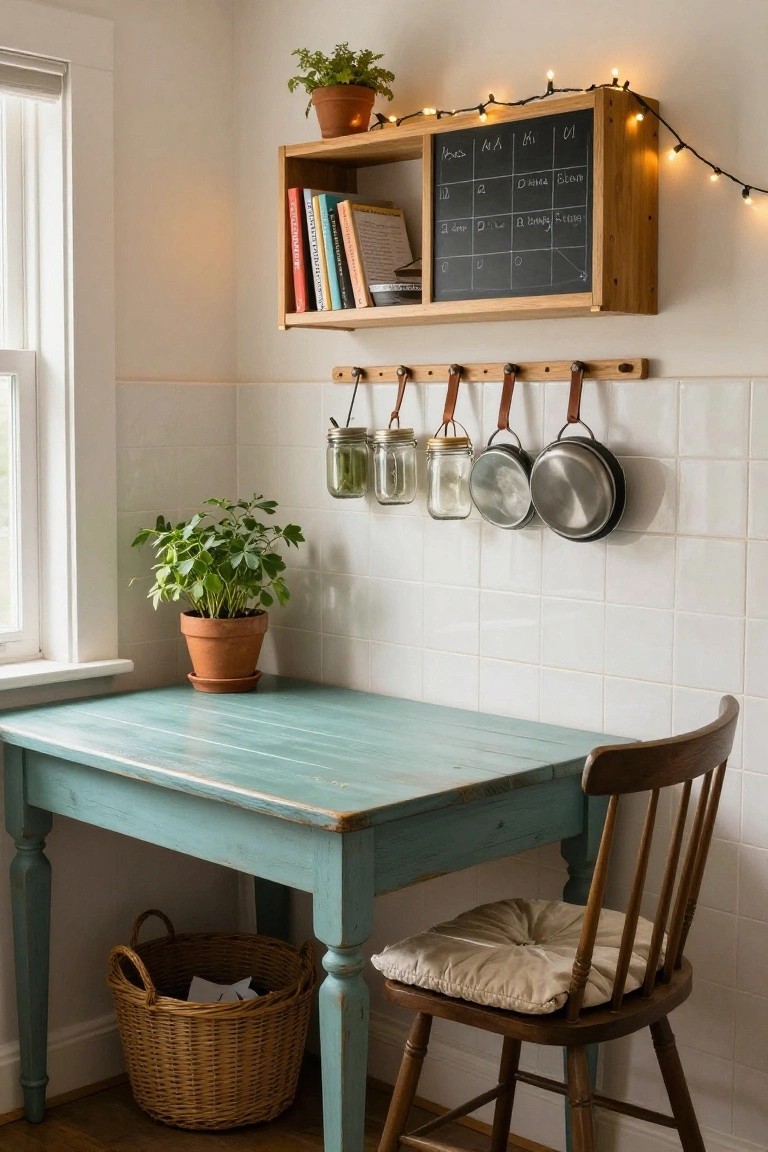 Cozy kitchen corner with turquoise painted wooden table as desk, wooden chair with cream cushion, wicker basket with papers underneath, potted plants, hanging glass jars and pots on leather straps, wooden shelf with chalkboard calendar and books, string lights above.