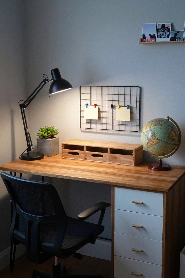 A wooden desk in a home office corner with stacked wooden crate organizers on top, a black desk lamp, potted succulent, globe, and metal mesh bulletin board on a light gray wall.