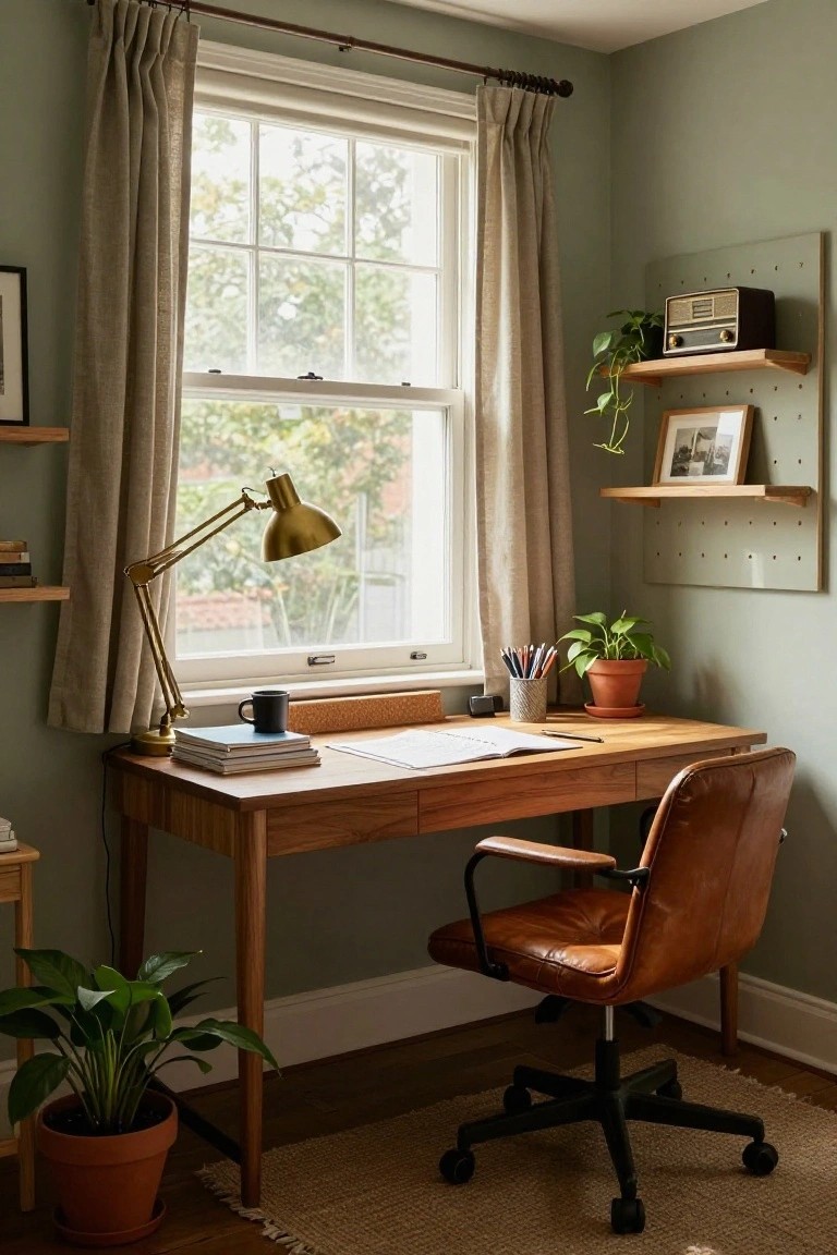Home office corner featuring a light wooden desk with stacked books, open notebook, black mug, potted plant, and gold adjustable lamp, tan leather swivel chair, multiple potted plants, pegboard shelf with vintage radio and photos, sage green walls, and linen curtains on a large window.
