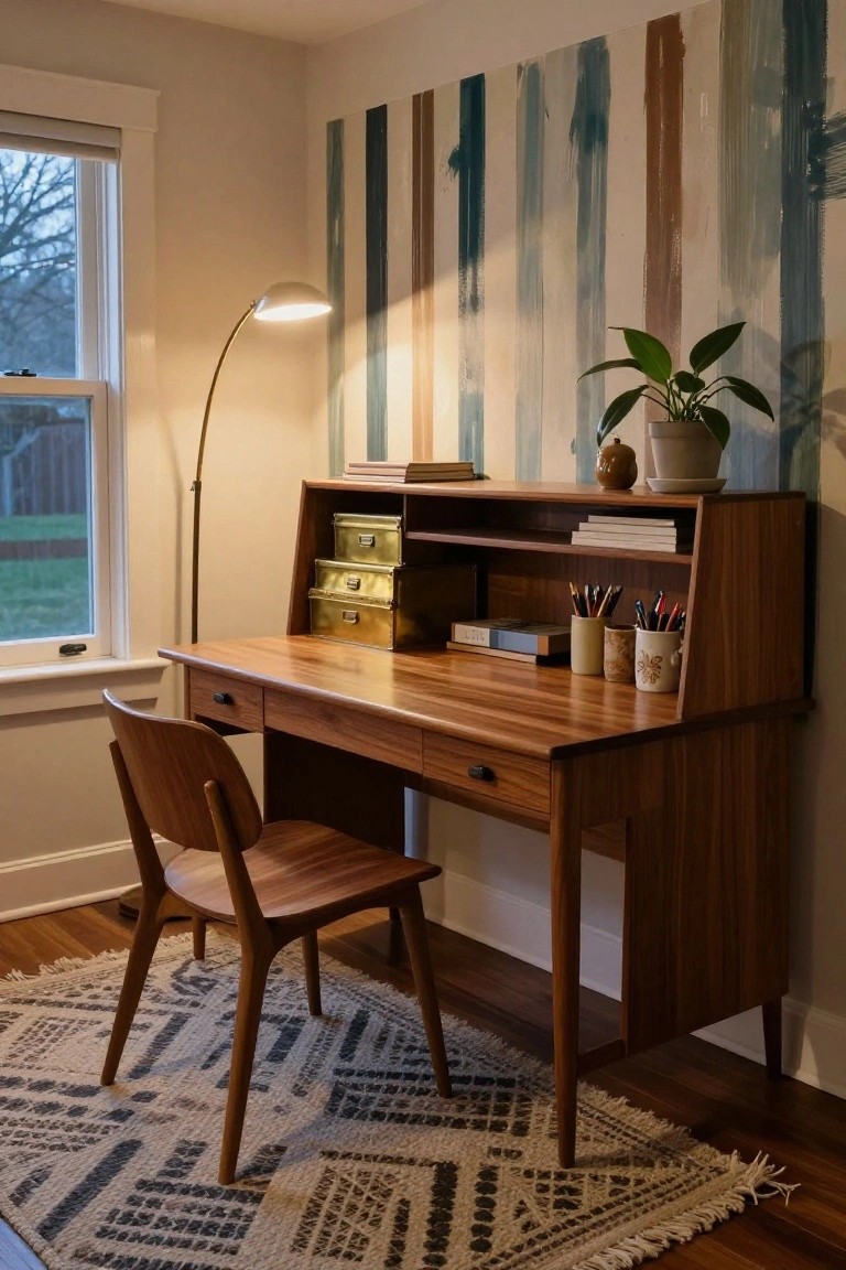 Wooden mid-century desk with open hutch shelving holding brass boxes, books, colored pencils in ceramic mugs, next to a matching wooden chair, arc lamp, potted plant, and abstract vertical stripe wall art beside a window in a beige room.