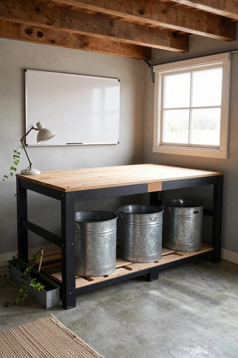 Wooden-top workbench with black metal frame and three galvanized buckets on lower shelves in a room with exposed wood beams, whiteboard, desk lamp, and potted plants.