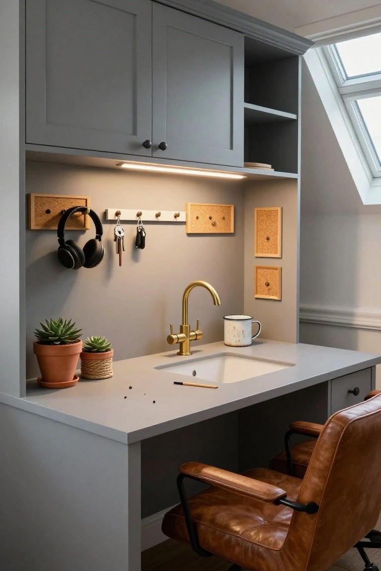 Gray built-in desk with integrated white sink and gold faucet in attic-style office under sloped ceiling, with upper cabinets, corkboard wall panels, leather chair, potted succulents, and skylights.