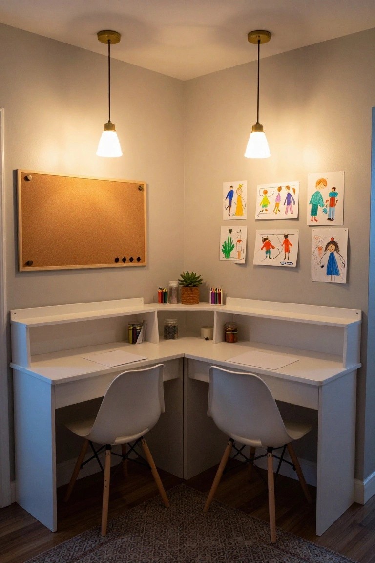 Corner room setup with two white L-shaped desks facing each other, white chairs, upper shelves with supplies, corkboard, kids' drawings on walls, pendant lights, and a potted plant.