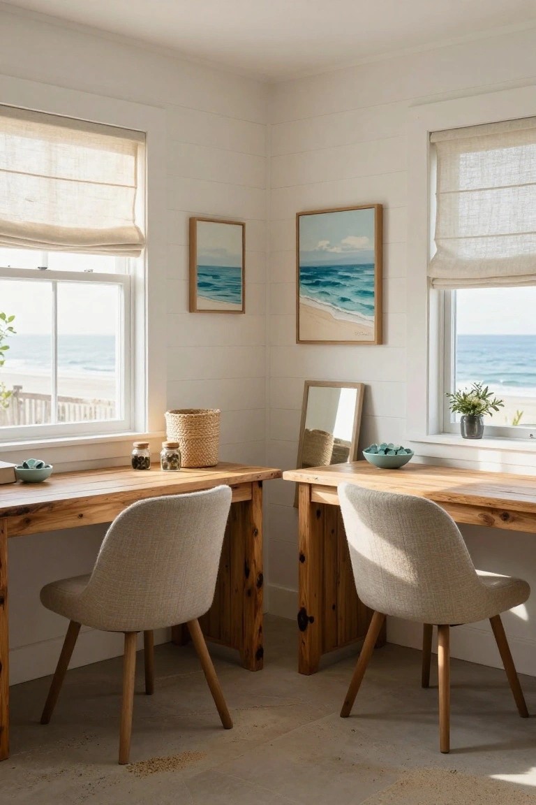 Corner room interior with two perpendicular wooden desks, beige upholstered chairs, large windows showing ocean and beach views, white shiplap walls, and linen shades.