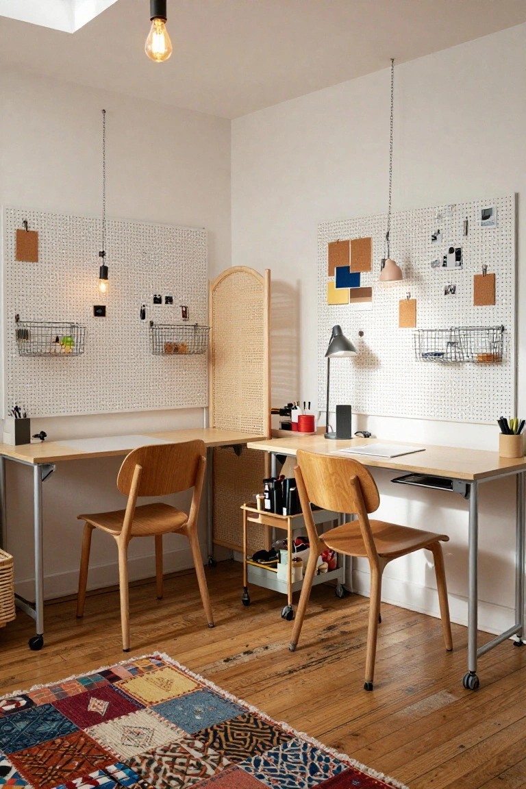 A home office corner with two light wooden desks and matching chairs positioned side by side against white pegboard walls holding wire baskets, clips, and small items, a curved bamboo screen divider between them, a metal cart with supplies, pendant lights, a desk lamp, and a multicolored patterned rug on a wooden floor.