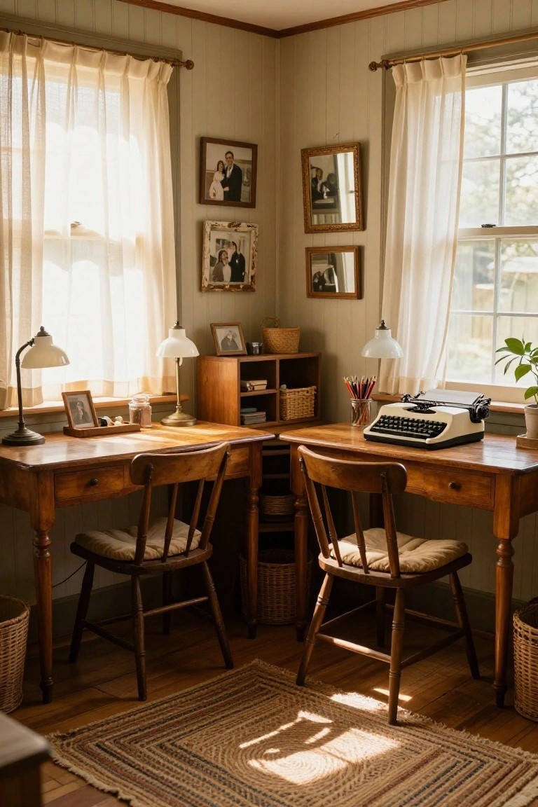 Cozy corner room with light green paneled walls, two wooden desks in an L-shape, wooden chairs, vintage typewriter, desk lamps, framed family photos, wicker baskets, and sheer curtains over windows with sunlight streaming in.