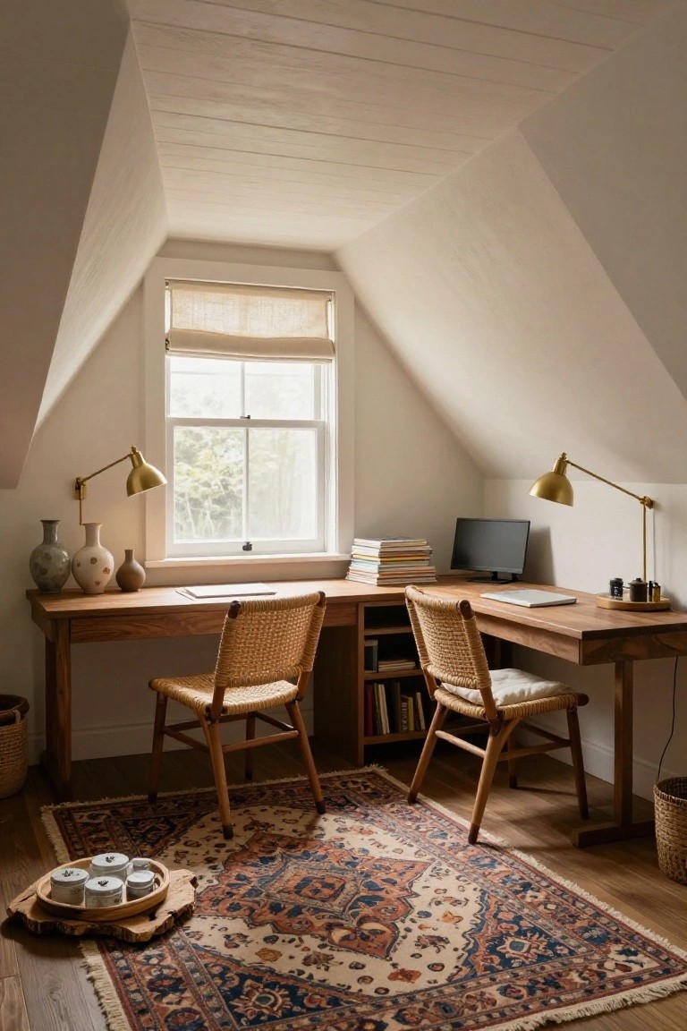 Attic home office featuring two wooden desks with rattan chairs arranged under sloped white ceilings, brass swing-arm lamps, ceramic vases, stacked books, a computer monitor, and a colorful Persian-style rug on hardwood floors next to a window with linen shade.
