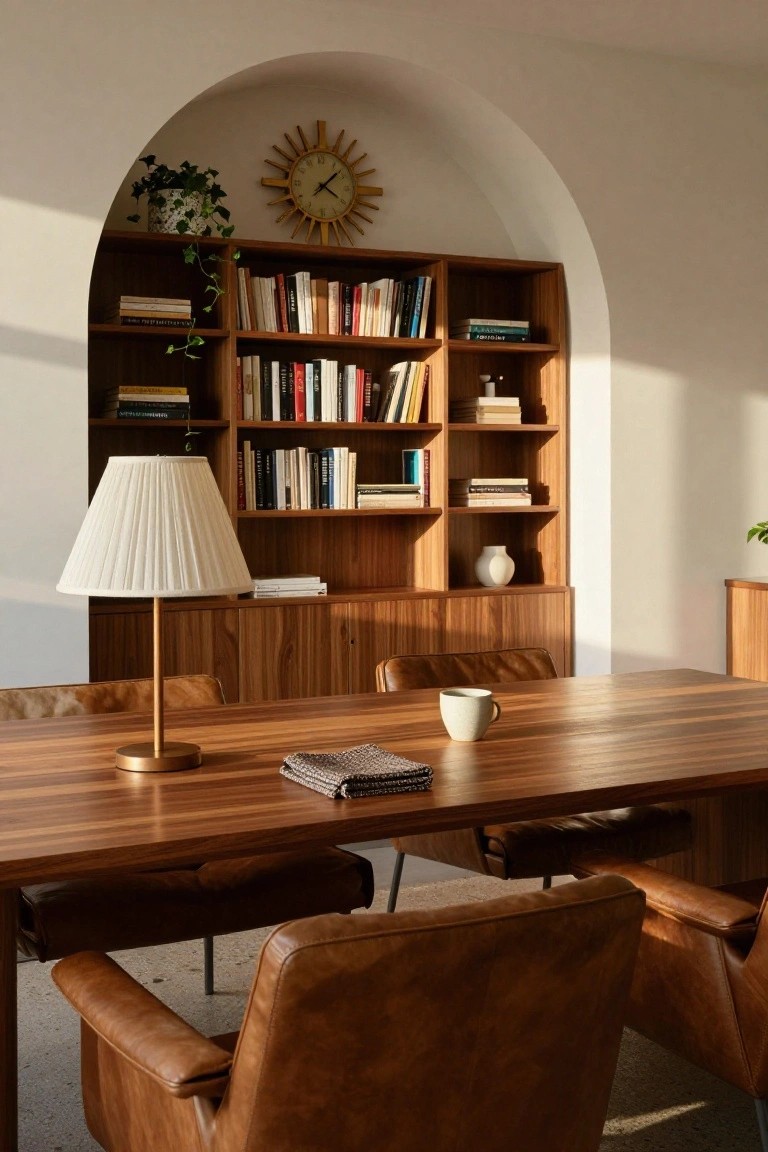 Arched wooden bookshelves with plants and books frame a long wooden table used as a double desk with two brown leather chairs, a white lamp, and a ceramic mug on the table in a light-filled room.