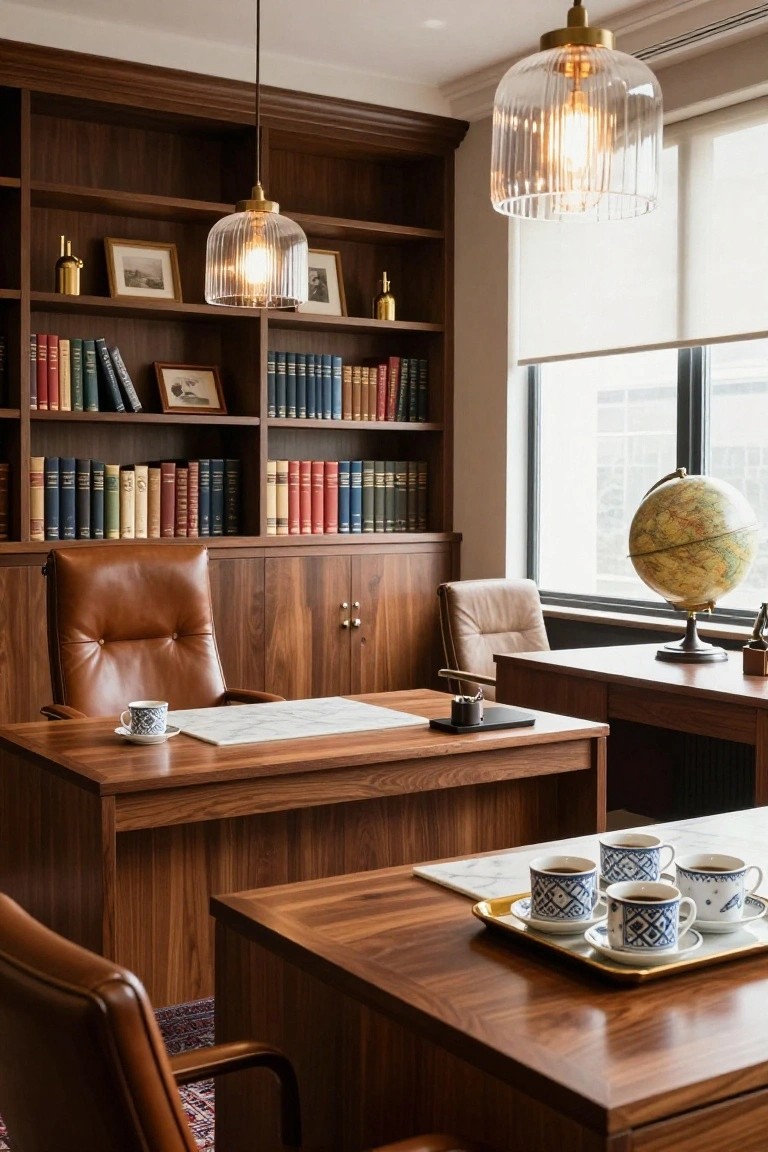 Wood-paneled office with two desks, leather chairs, built-in bookshelves filled with books, a globe on one desk, pendant lights, and cups of coffee on trays.