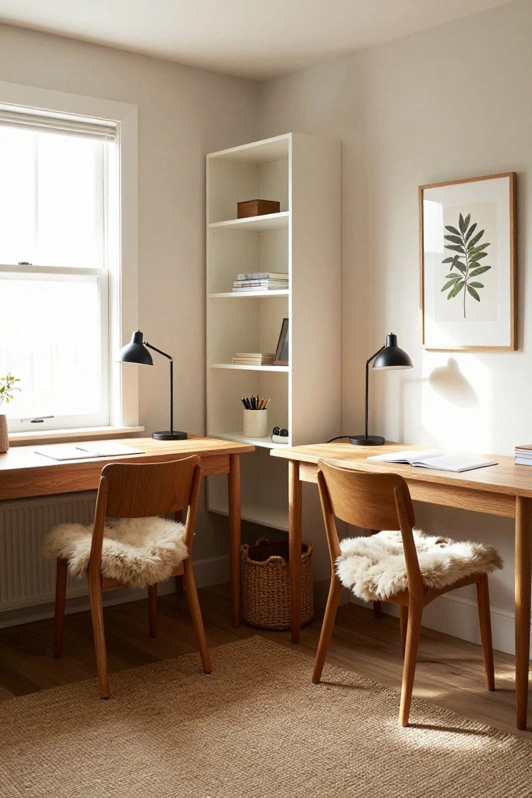A home office corner with two wooden desks arranged at right angles, sheepskin chairs, black desk lamps, a tall white bookshelf, stacked books, and natural window light.