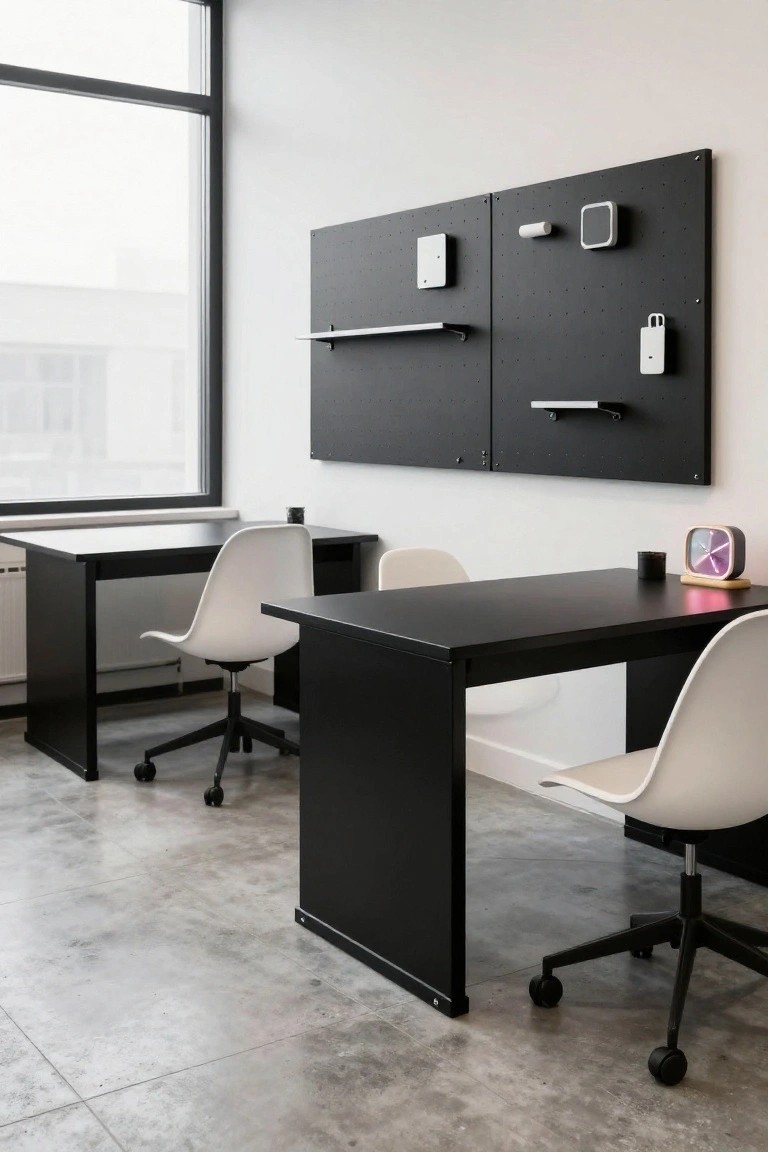 Modern indoor office featuring two black desks with white shell chairs, black pegboard walls with shelves and accessories, and a large window.