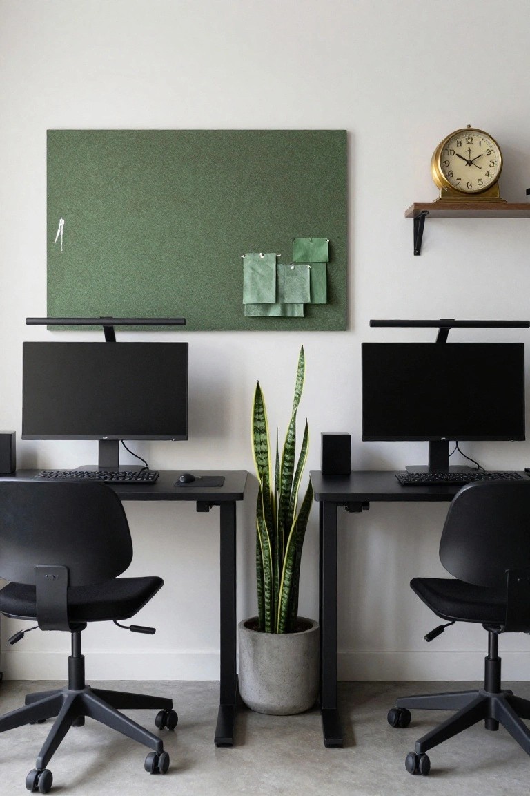 Home office featuring two identical black desks facing each other across a large potted snake plant, with black monitors, keyboards, office chairs, a green bulletin board, and wall lamps.