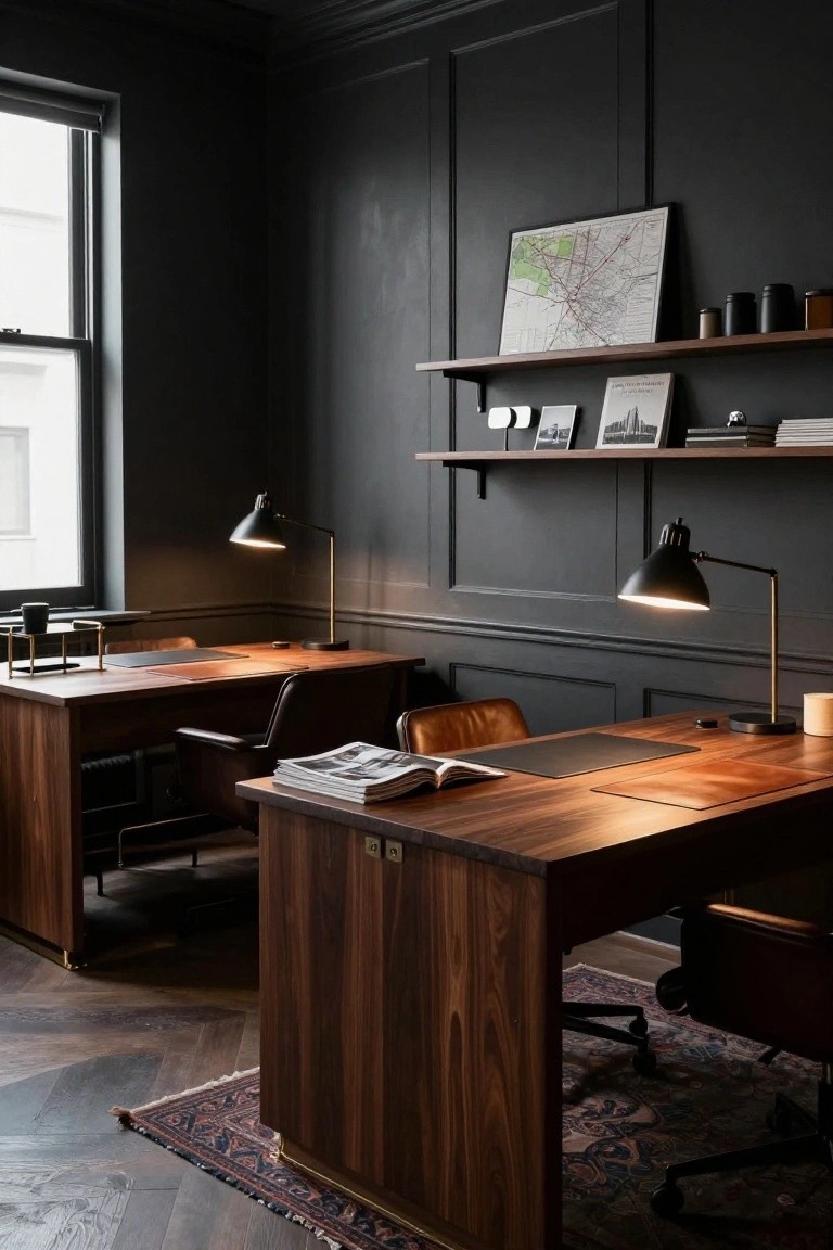 Dark paneled office room with two wooden desks, leather chairs, brass adjustable lamps, wall shelves holding books and jars, and a window letting in light.