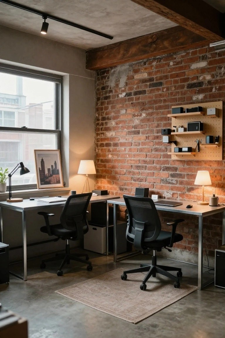 Home office corner with two side-by-side metal desks against a red exposed brick wall, black office chairs, pegboard shelves with organizers, desk lamps, and a window overlooking a cityscape.