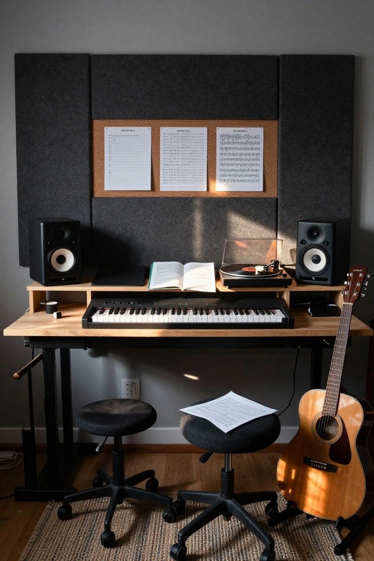 Wooden desk with digital keyboard, open book, turntable, and laptop in a home studio setup flanked by studio monitors on shelves, two stools nearby, acoustic guitar leaning on the floor, gray acoustic panels and corkboards with sheet music on the wall.