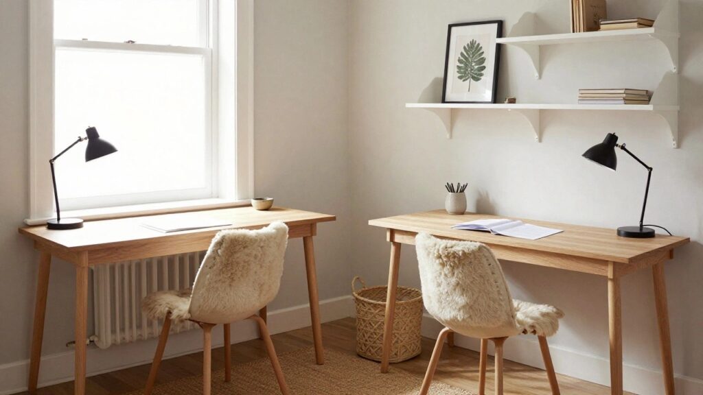 23 Double Desk Office Ideas for Shared Workspaces A home office corner with two wooden desks arranged at right angles, sheepskin chairs, black desk lamps, a tall white bookshelf, stacked books, and natural window light.