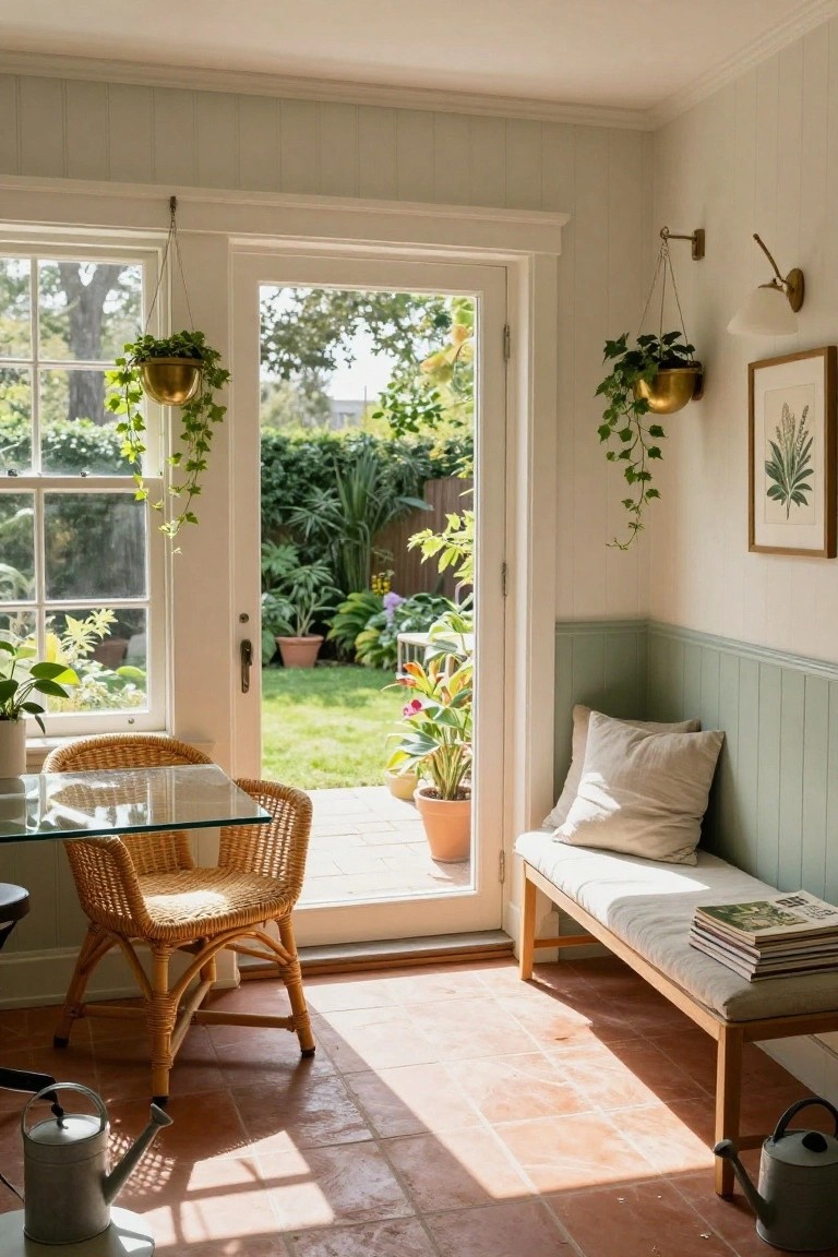 Bright sunroom interior with glass-top table, two rattan armchairs, cushioned bench with pillows and magazines, hanging plants, potted greenery, watering cans, and glass doors opening to backyard garden.