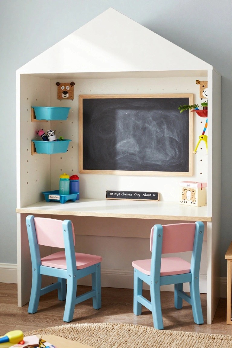 White house-shaped built-in furniture unit with a desk, two small chairs in pink and blue, chalkboard, shelves with bins and toys, and decorative elements in a light-colored children's room.