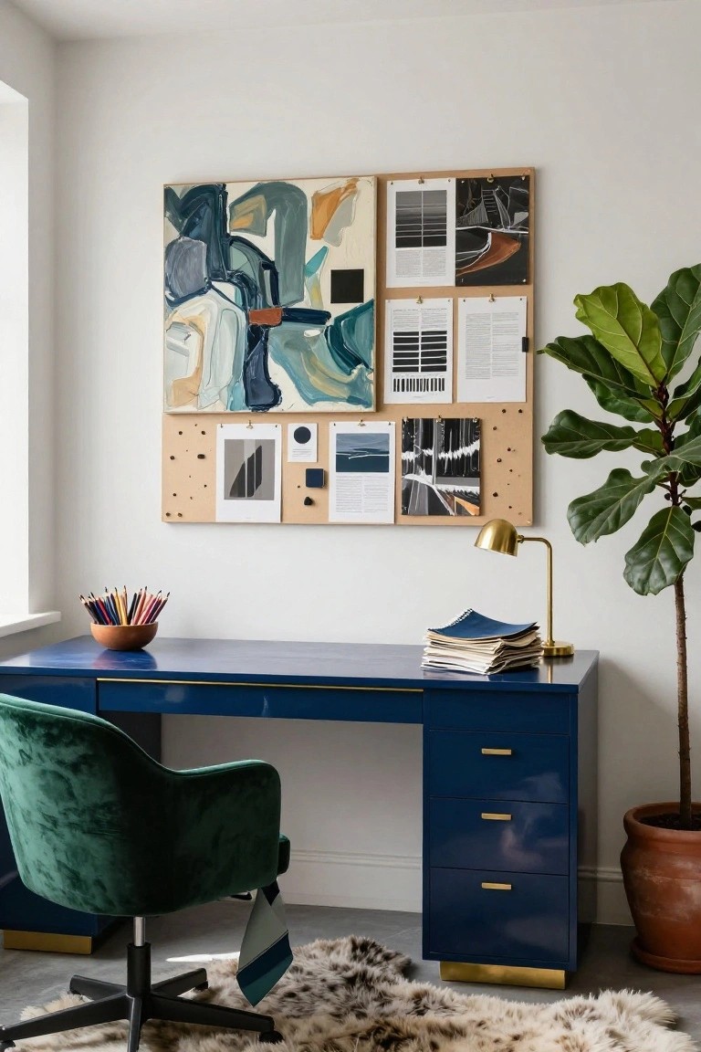Home office with navy lacquered desk, green velvet swivel chair, cork bulletin board on wall displaying art prints and papers, colorful pencils in wooden bowl, stack of notebooks, gold desk lamp, and fiddle leaf fig plant in terracotta pot on fluffy area rug.