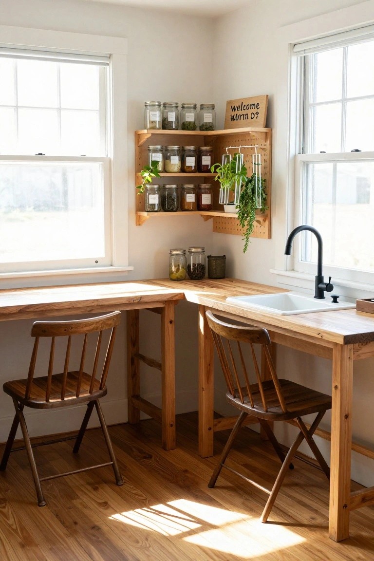 Indoor corner with two wooden L-shaped desks, wooden chairs, black faucet sink, wall shelves holding jars and plants, potted greenery, and large windows letting in sunlight over hardwood floors.