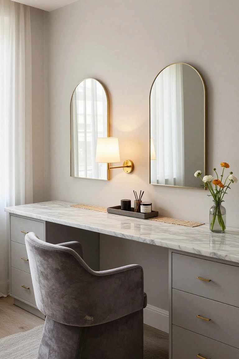 A home office vanity desk with white marble top and gray cabinets, gray velvet chair pulled up to it, two tall gold arched mirrors on a light gray wall above the desk, a white lamp mounted between the mirrors, sheer curtains on the window, and a vase of flowers on the desk.