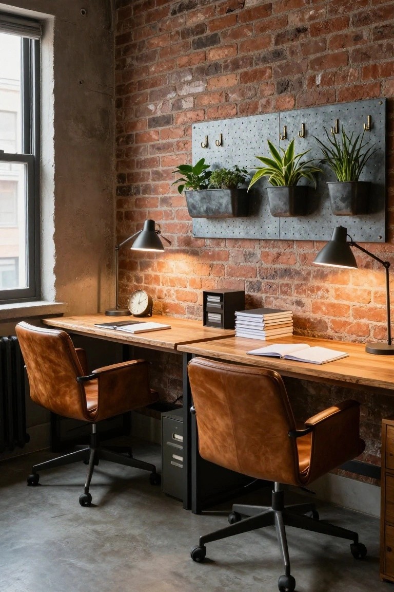 Home office interior with two adjacent wooden desks, brown leather swivel chairs, exposed brick wall, metal plant pots, desk lamps, and filing cabinets.