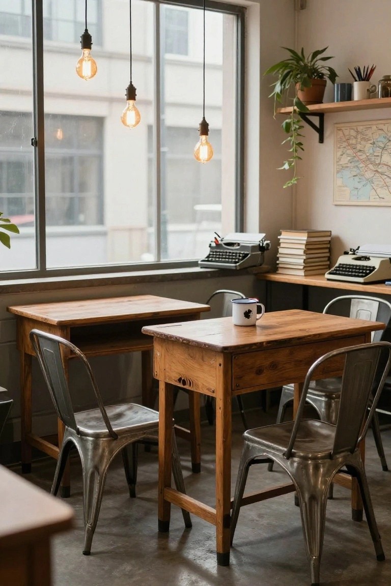 Vintage wooden desks, metal chairs, and hanging bulbs in a cozy workspace.