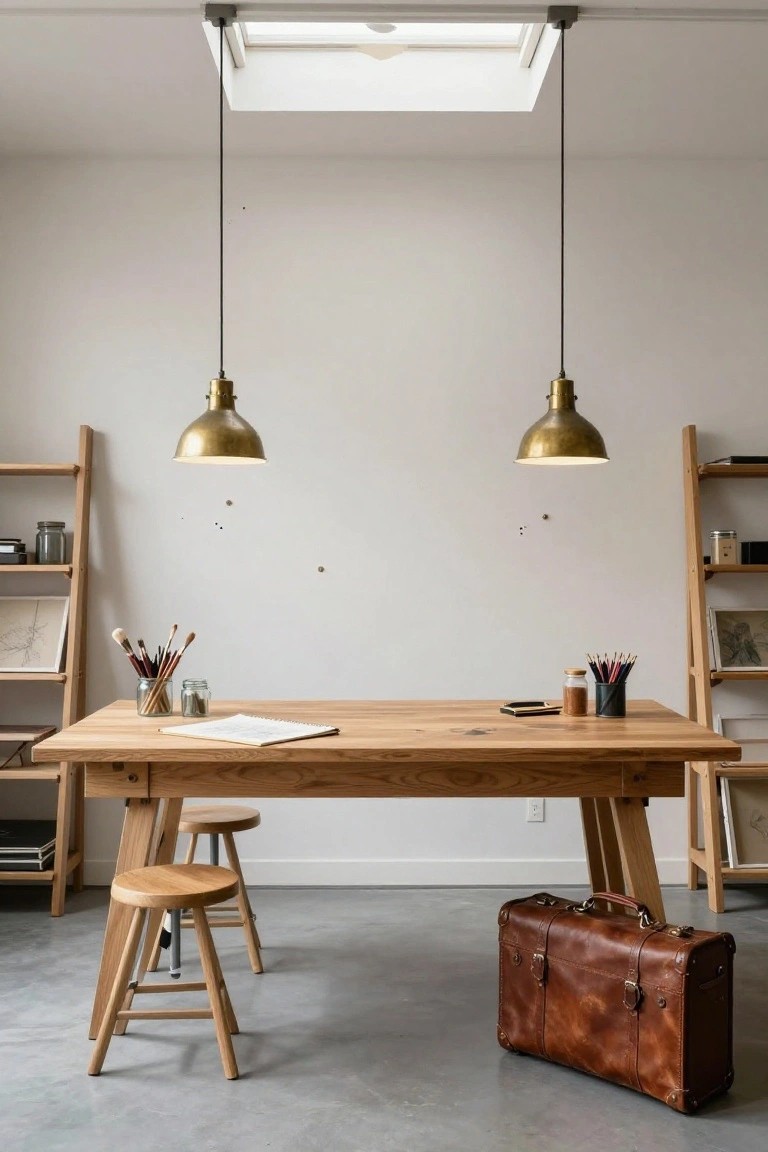 Long wooden workbench table with two stools in a minimalist studio room featuring brass pendant lights, wooden laddershelves with art supplies, white walls, skylight, and leather suitcase on concrete floor.