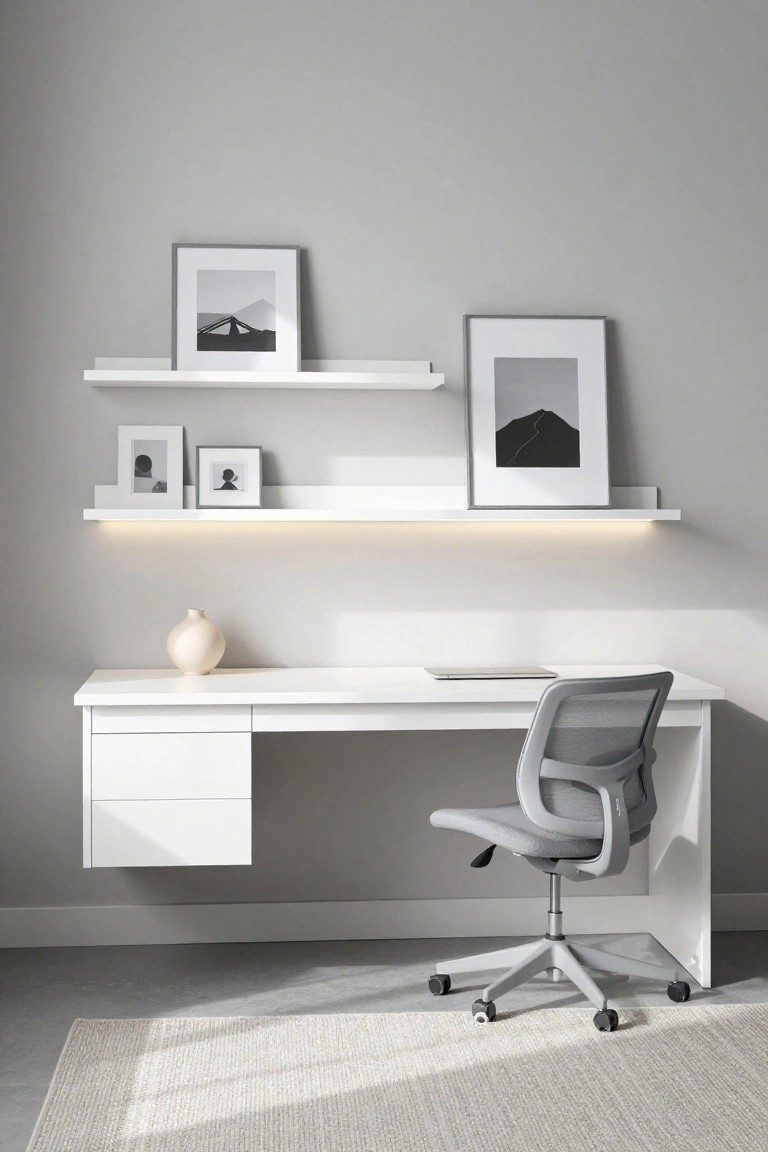 Modern home office interior featuring a white floating wall-mounted desk with drawers, a gray mesh office chair, stacked white wall shelves with black-and-white framed photos, LED lighting under the middle shelf, and a beige vase on the desk against light gray walls and wood flooring with a beige rug.