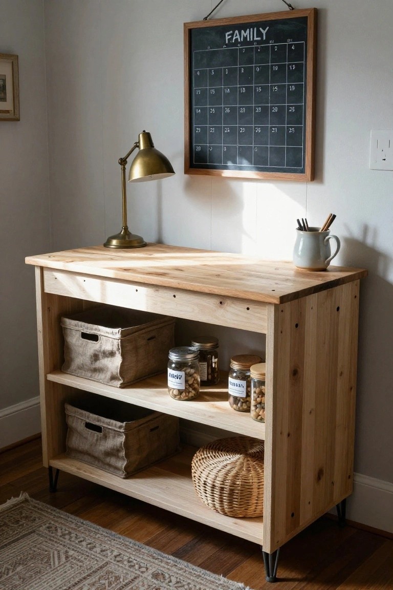 Wooden console table with shelves, lamp, jars, and chalkboard calendar.