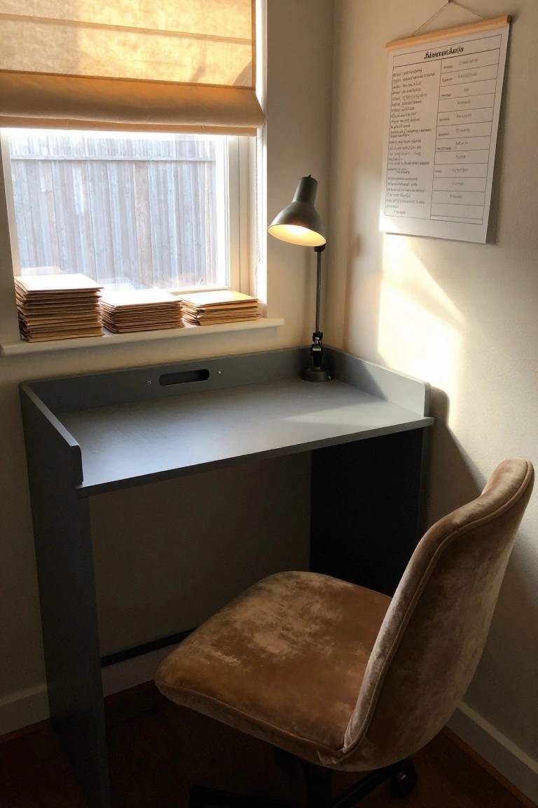 A small gray corner desk with a black lamp is positioned under a window, with a brown upholstered chair in front and stacks of papers on the windowsill.